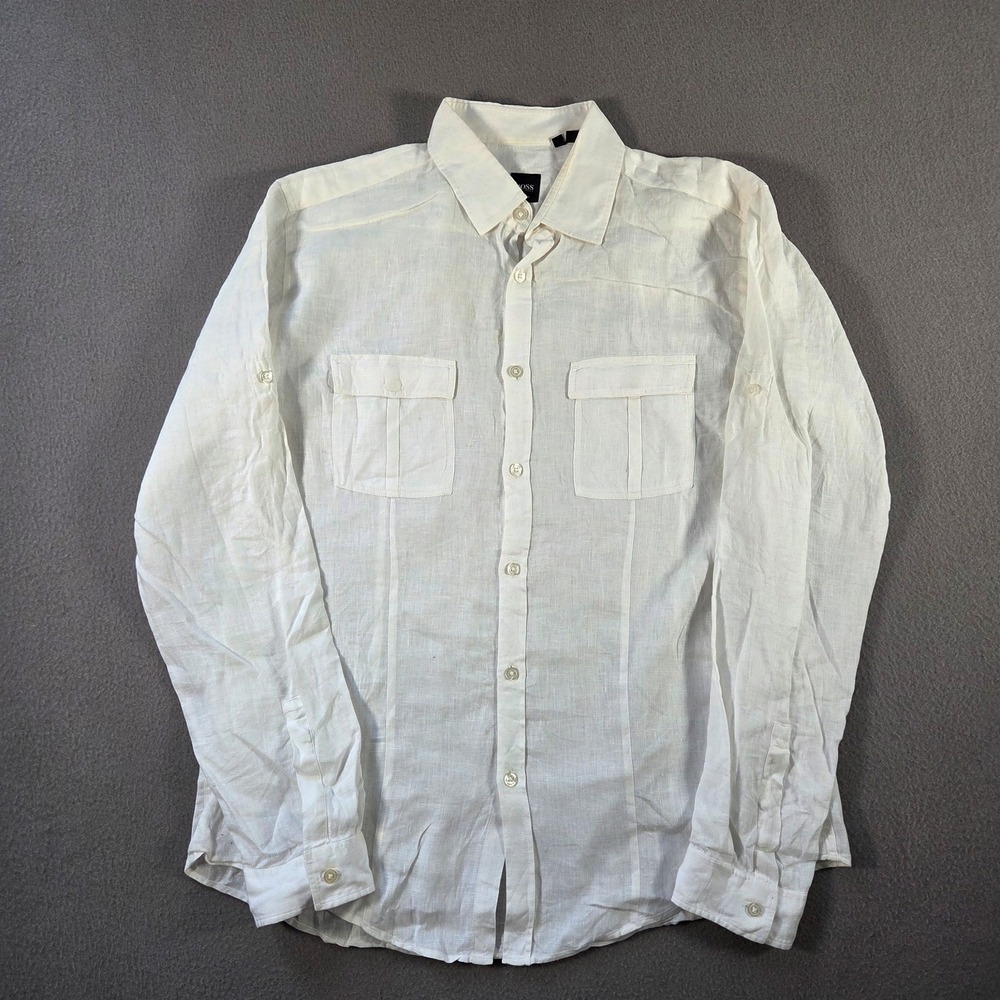 Hugo Boss Shirt Mens Large White Linen Slim Fit Long Sleeve Button Up Breathable